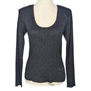 Y2K Cache Scoop Neck Rib Knit Beaded Metallic Sweater Black